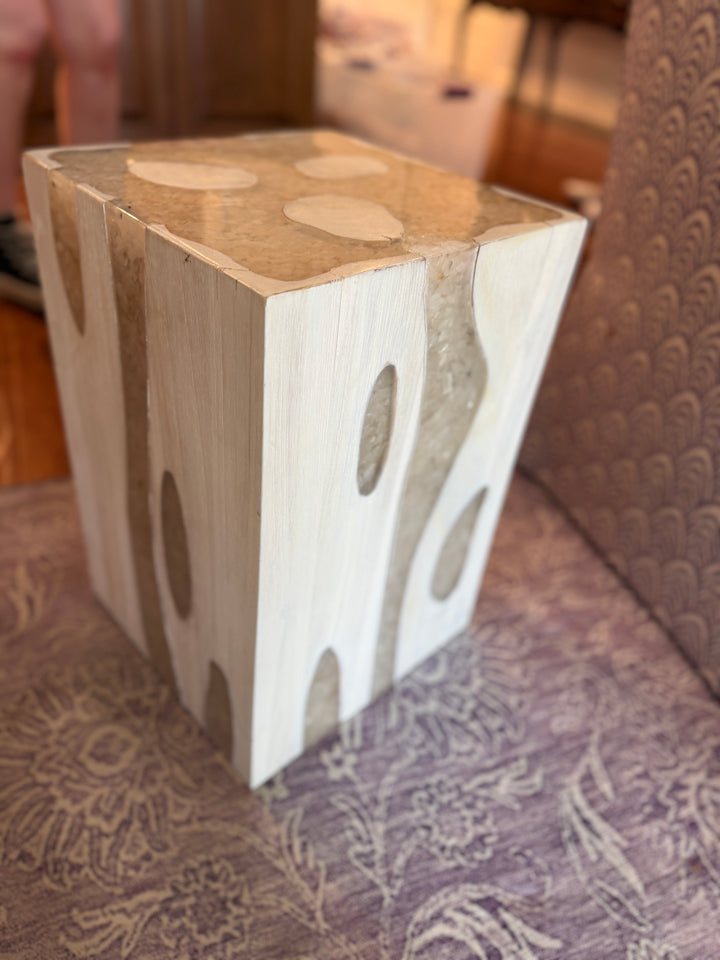 Whitewashed Wood Block Side Table or Pedestal with Oval Cutouts