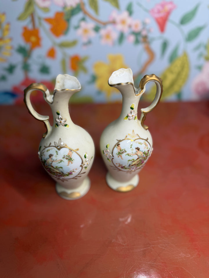 Set of 2 1960s Japanese Hand Painted Bud Vases