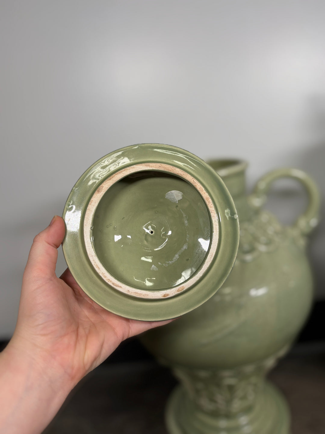 Pair of Celadon Green Ceramic Lidded Urns with Handles