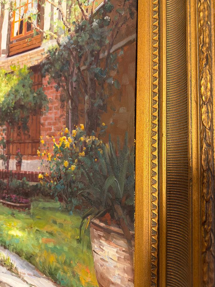 Framed Cottage Original Oil Painting - Signed "Lotte" (39.5 in x 49.5 in)