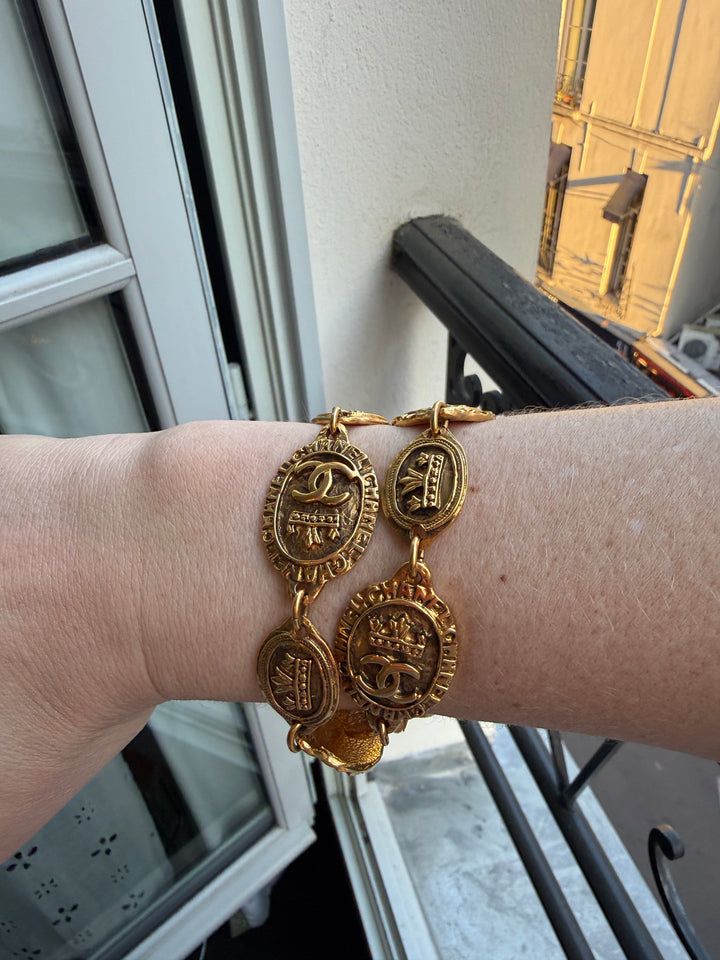 1990s Vintage CC Crown Chanel Bracelet with Angel and CC Charm - 24K Gold (Patina - Mainly on Charms)