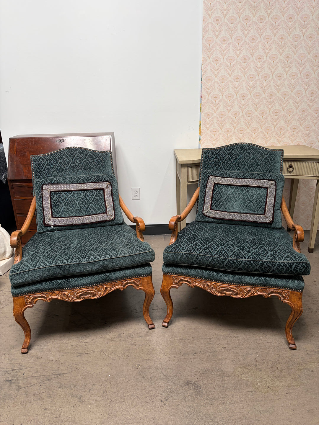 Pair of French Provincial Carved Walnut Armchairs with Teal Velvet Upholstery