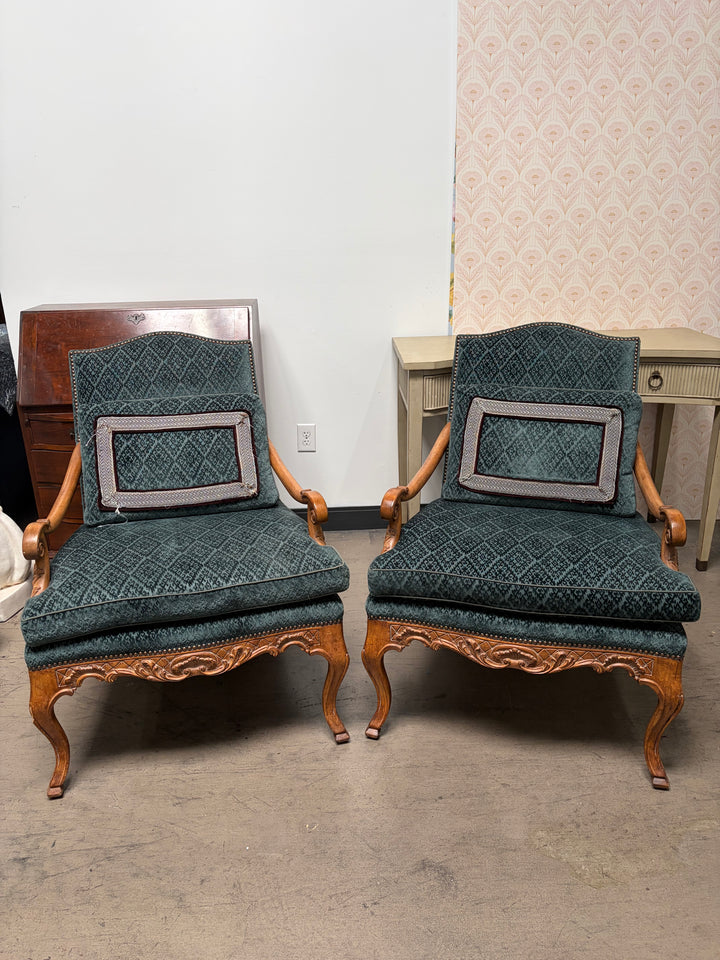 Pair of French Provincial Carved Walnut Armchairs with Teal Velvet Upholstery