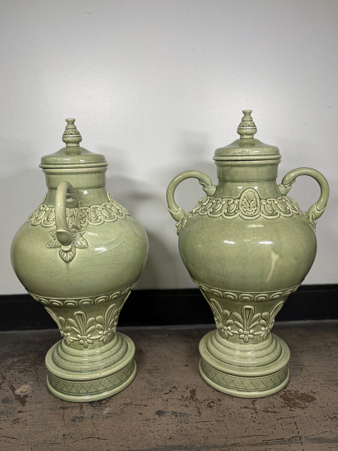 Pair of Celadon Green Ceramic Lidded Urns with Handles