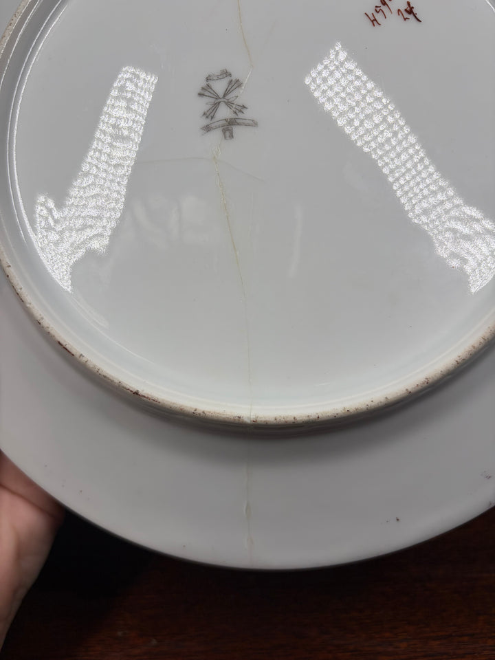 Floral Transferware Decorative Wall Plate with Hand-Painted Rose Center