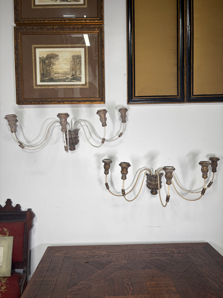 Pair of 5-Arm Wall Sconces – White Wash Distressed Finish