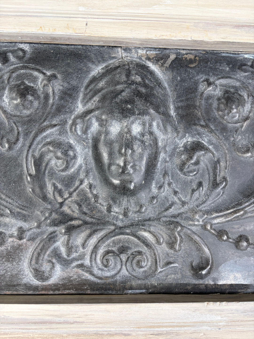 Set of Three Framed Embossed Metal Panels with Classical Face Motif