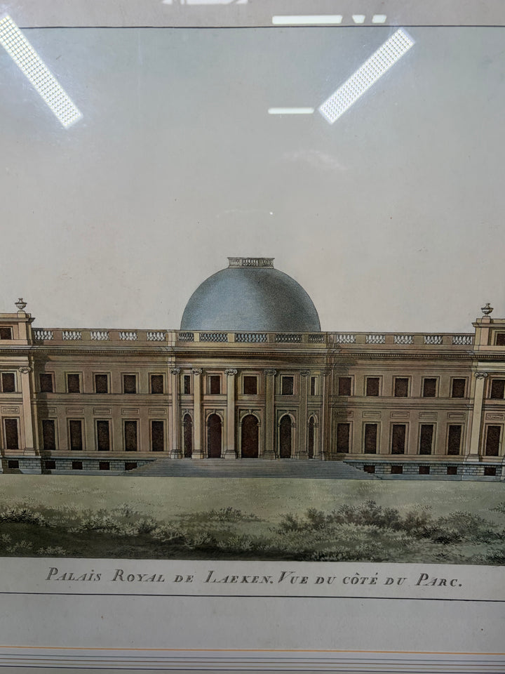 Framed Hand-Colored Engraving 'Palais Royal de Laeken, Vue du côté du Parc'