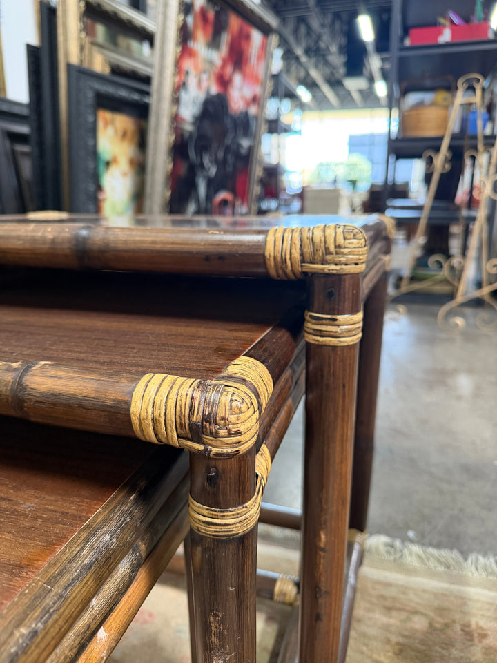 3 Vintage Wood and Rattan Nesting Tables