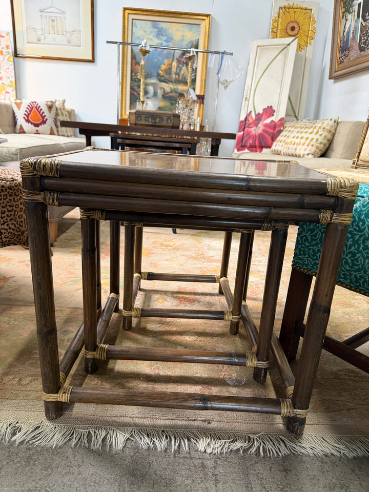 3 Vintage Wood and Rattan Nesting Tables