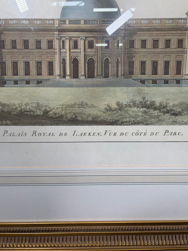 Framed Hand-Colored Engraving 'Palais Royal de Laeken, Vue du côté du Parc'
