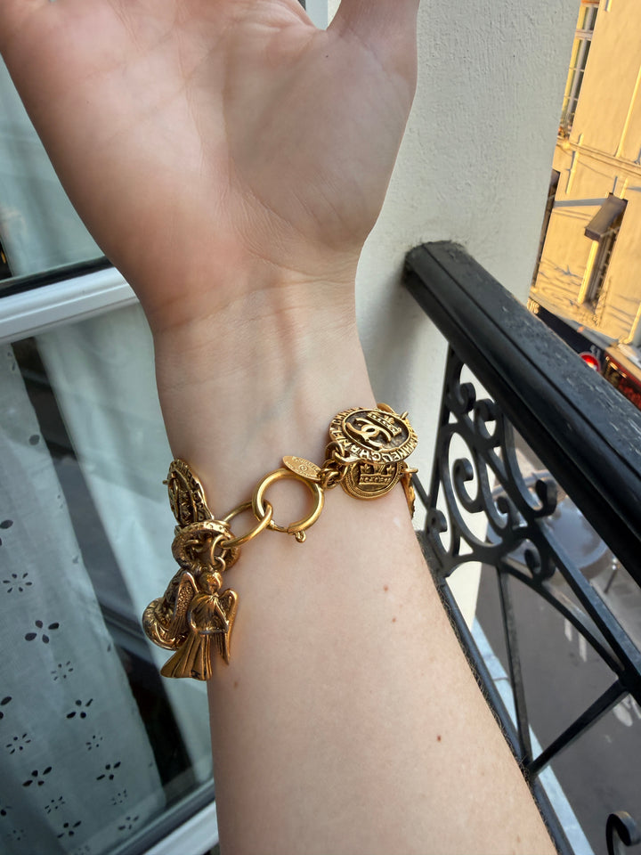 1990s Vintage CC Crown Chanel Bracelet with Angel and CC Charm - 24K Gold (Patina - Mainly on Charms)