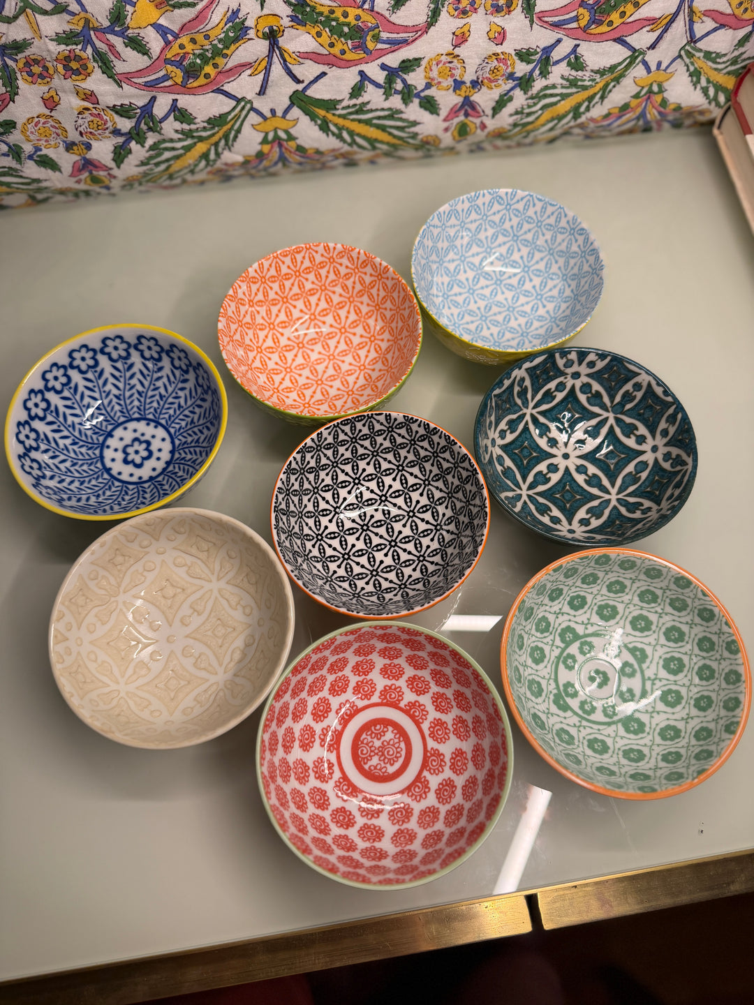 Set of 8 Colorful Patterned Ceramic Bowls