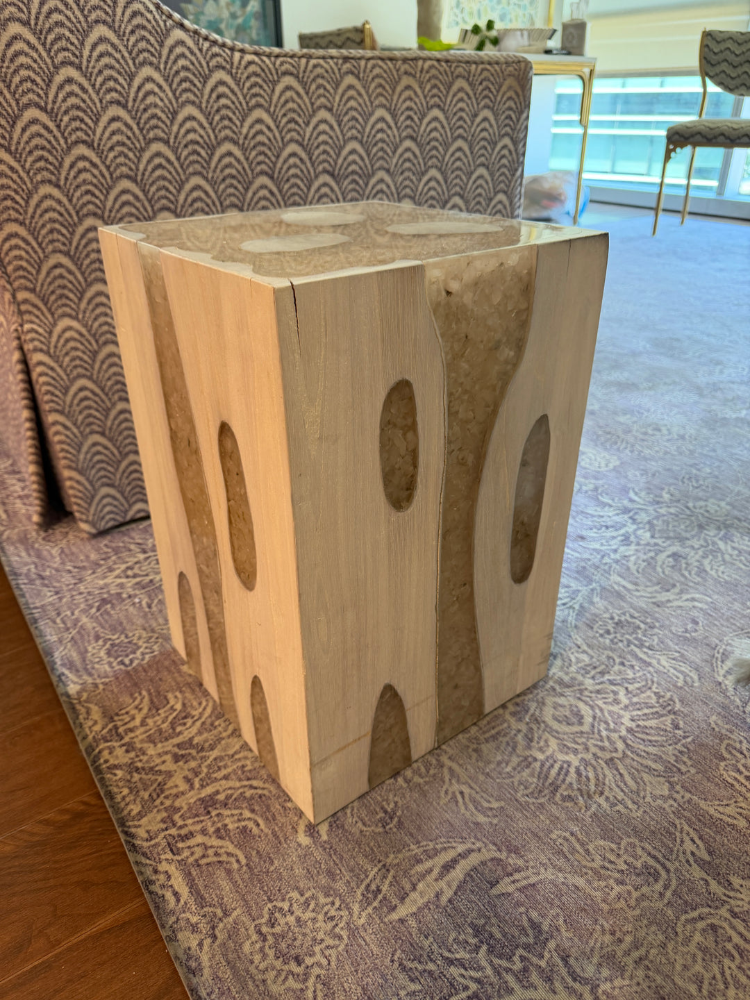 Whitewashed Wood Block Side Table or Pedestal with Oval Cutouts