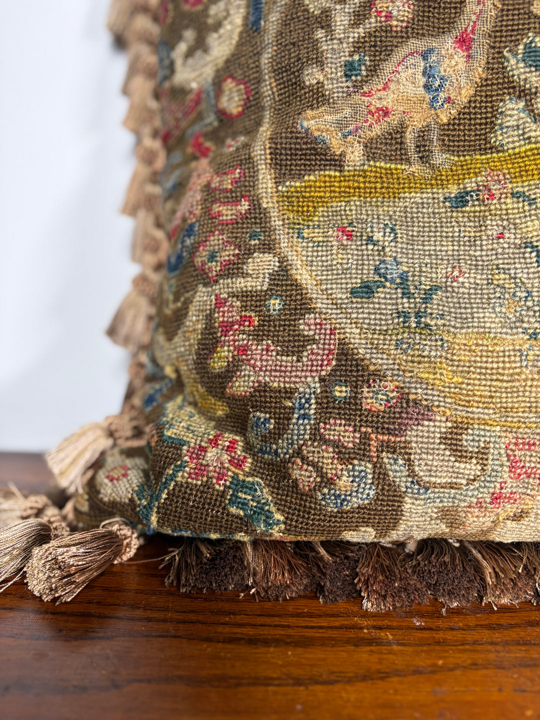 Needlepoint Tapestry Pillow with Birds and Floral Medallion