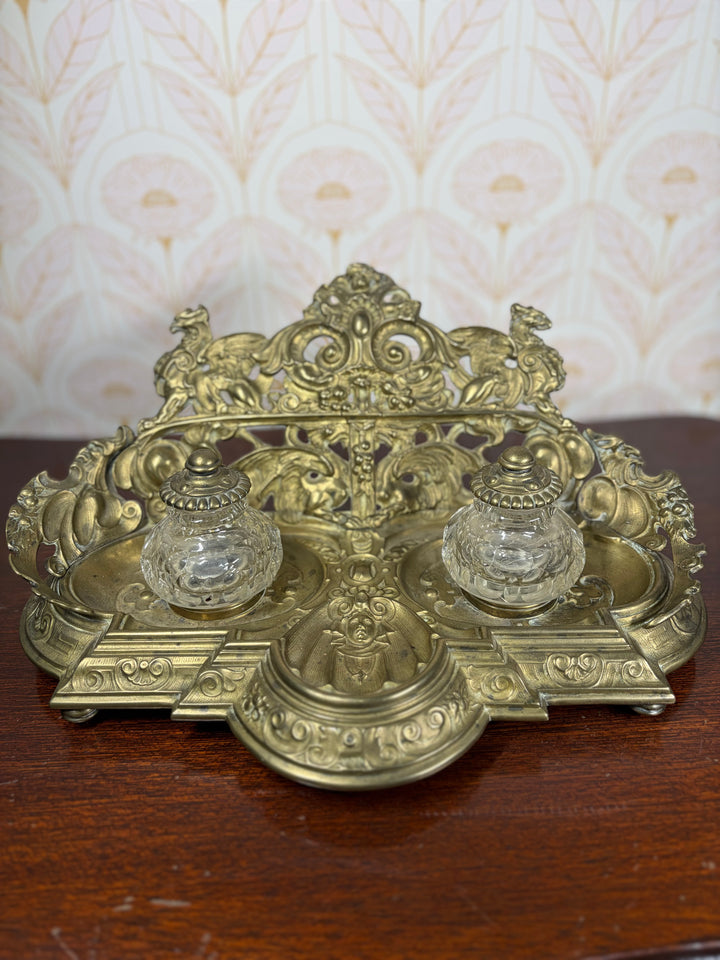 Ornate Gilt Brass Double Inkwell Desk Stand