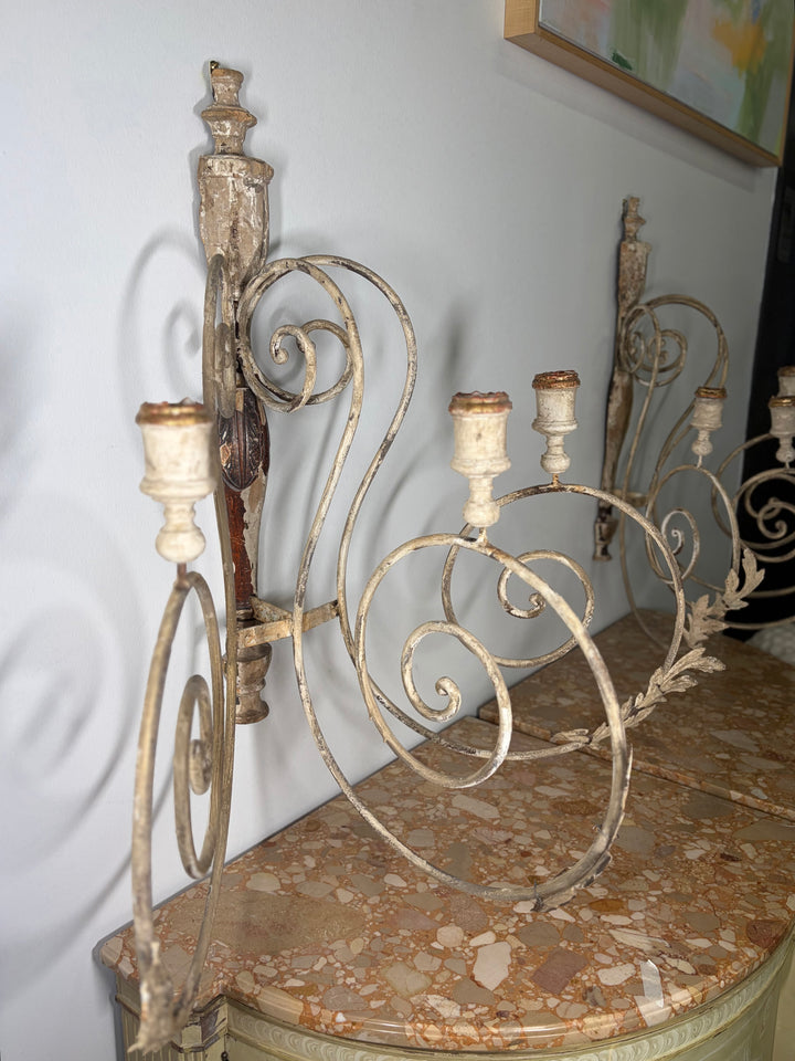 Pair of Painted Iron & Wood Three-Arm Wall Candle Sconces