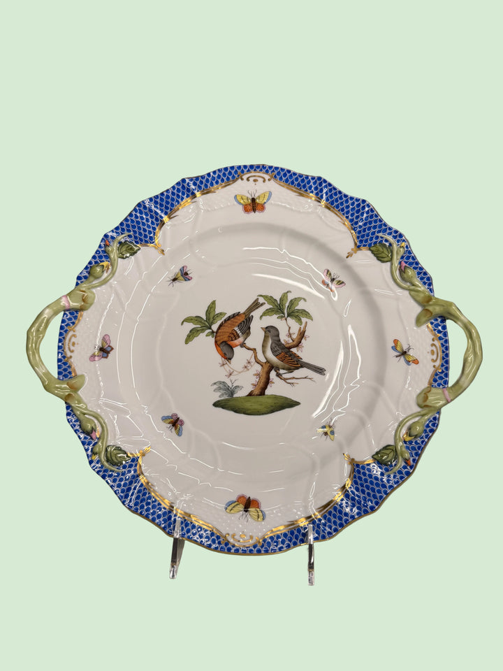 Hand-Painted Porcelain Two-Handled Cake Plate with Birds and Butterflies