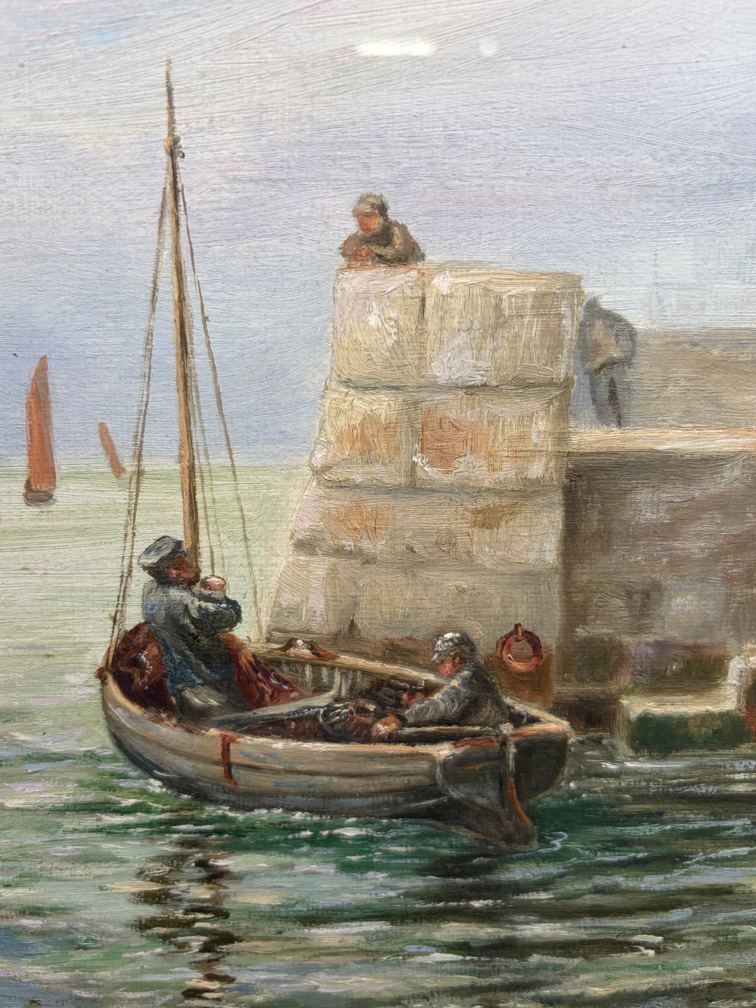 Framed Maritime Watercolor Painting of Fishing Boat at Harbor Wall