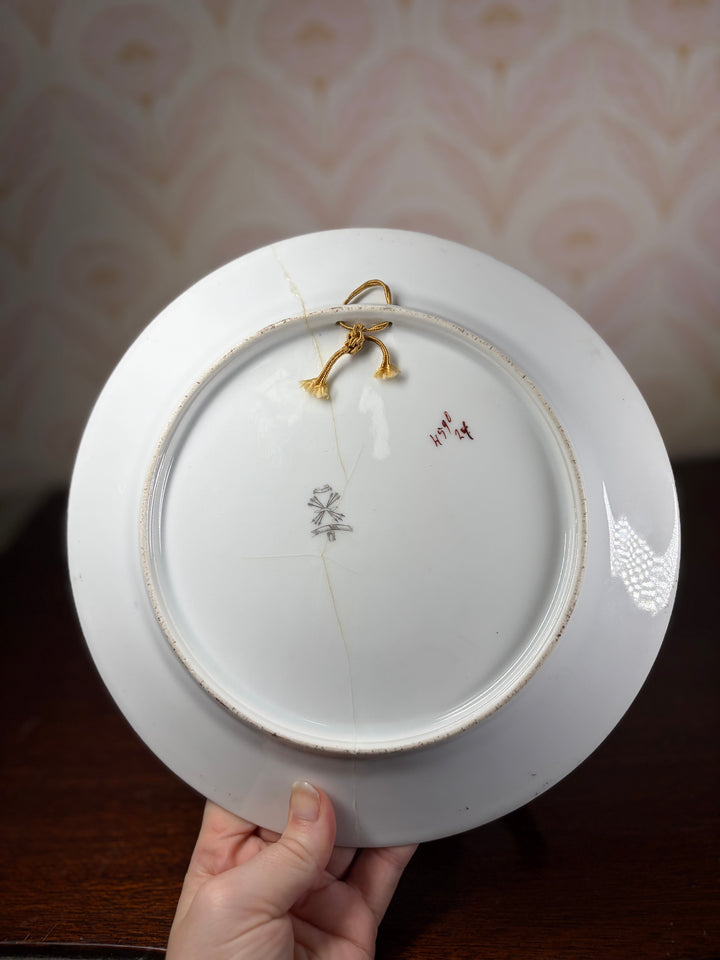 Floral Transferware Decorative Wall Plate with Hand-Painted Rose Center