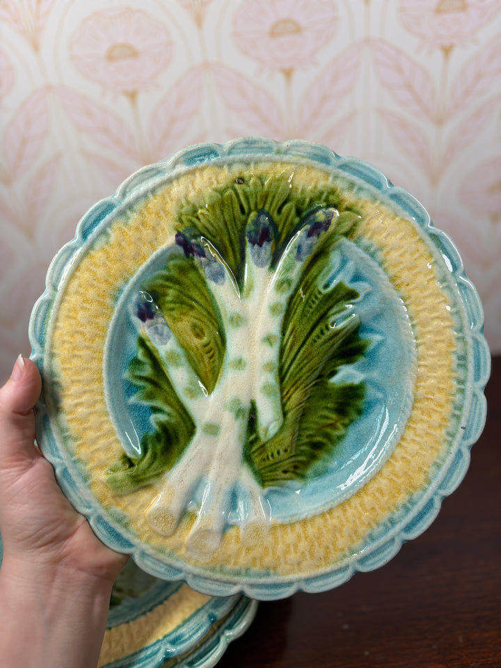 Set of Four Majolica Asparagus Plates with Sauce Well