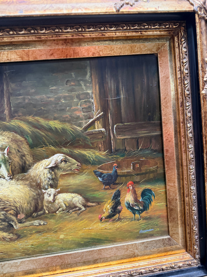 Sheep & Chickens Original Oil Painting