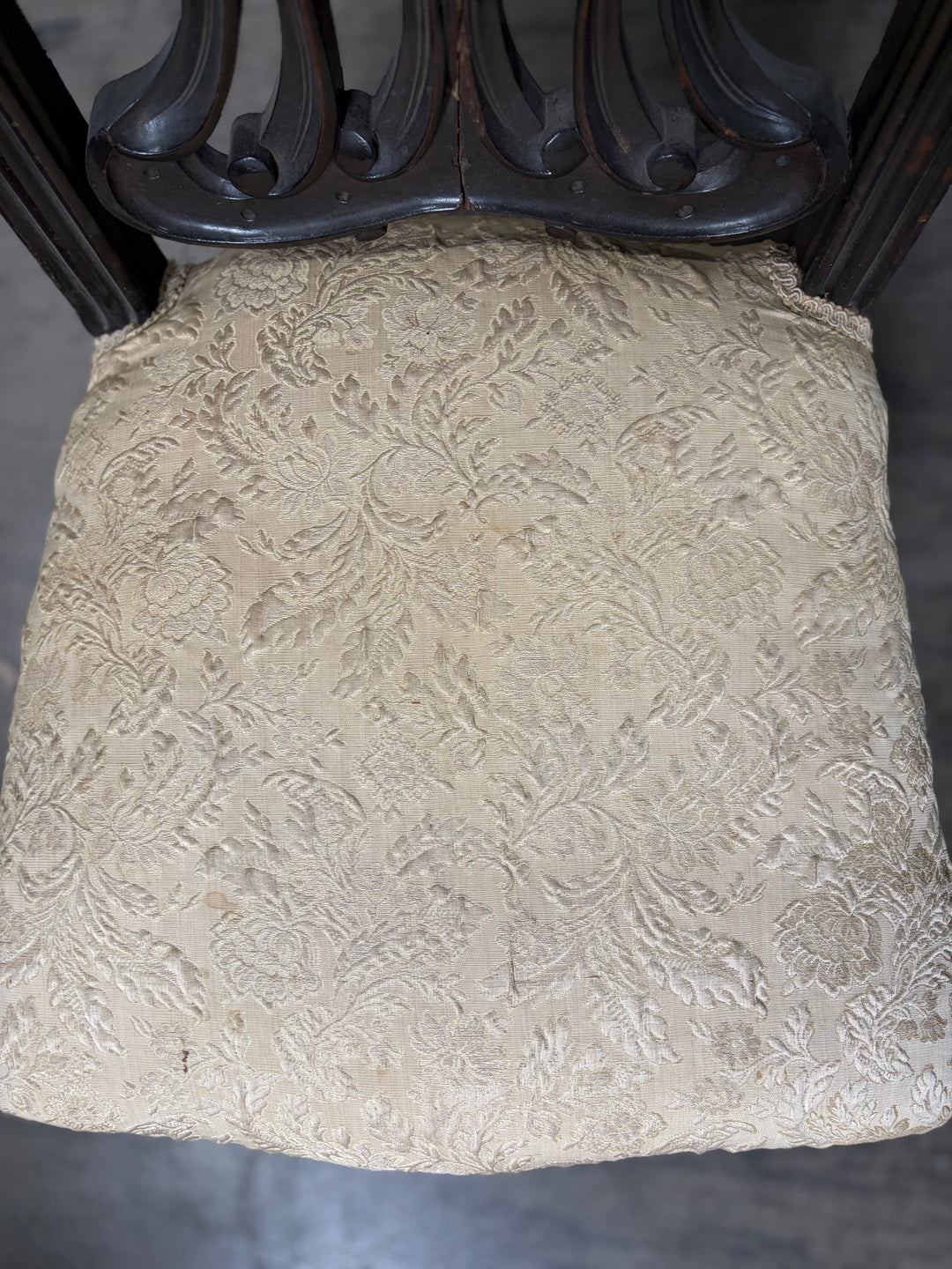 Ebonized Baroque-Style Carved Side Chair with Cream Damask Seat