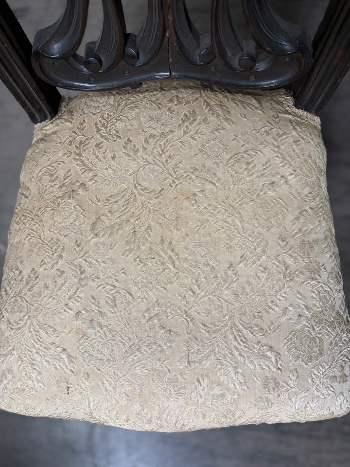 Ebonized Baroque-Style Carved Side Chair with Cream Damask Seat