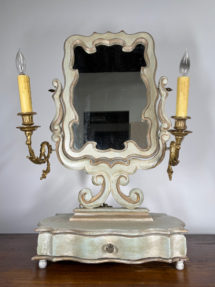 Baroque-Style Vanity Mirror with Candelabra Arms and Jewelry Box Base