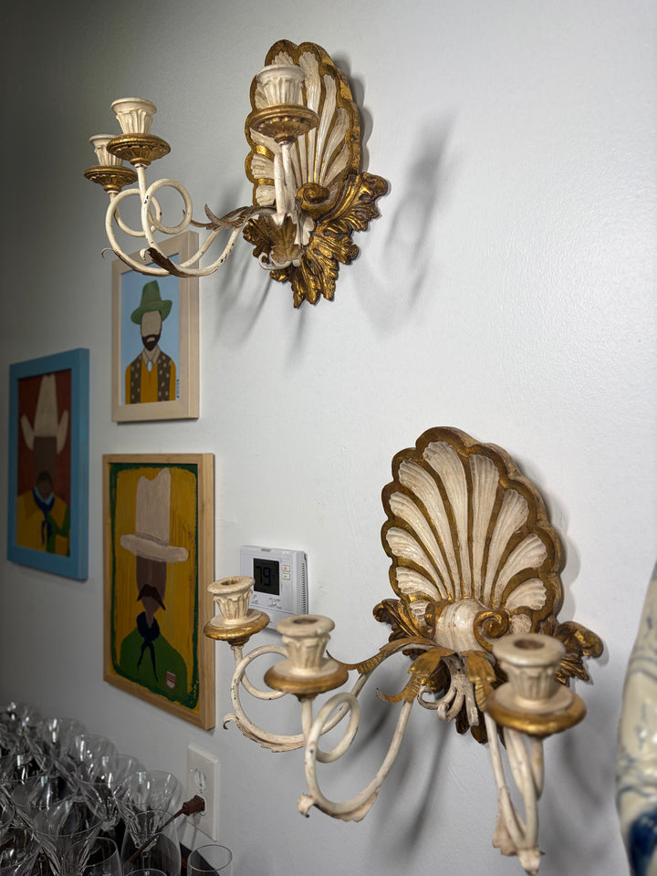 Antiqued Painted & Gilded Gold 3-Candle Wall Sconces