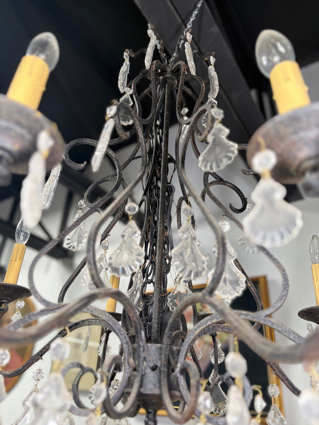 Black Wrought Iron Chandelier with Crystal Drops