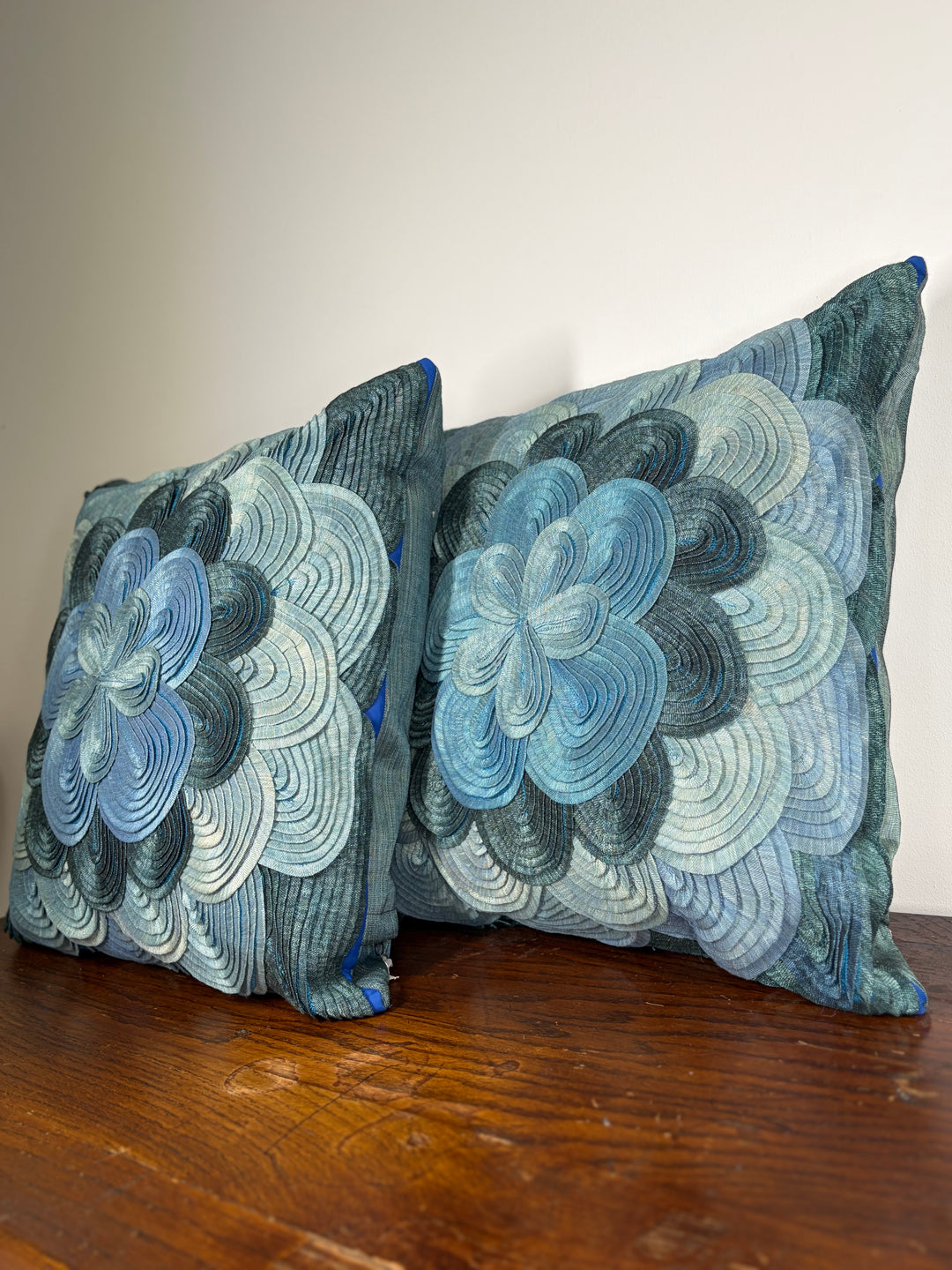 Pair of Blue Floral Embroidered Decorative Pillows