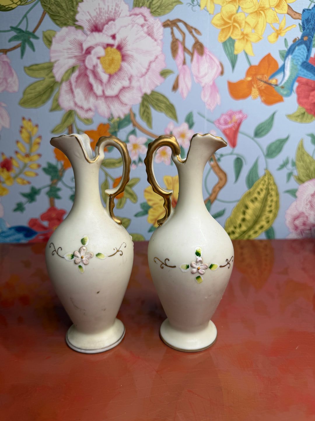 Set of 2 1960s Japanese Hand Painted Bud Vases