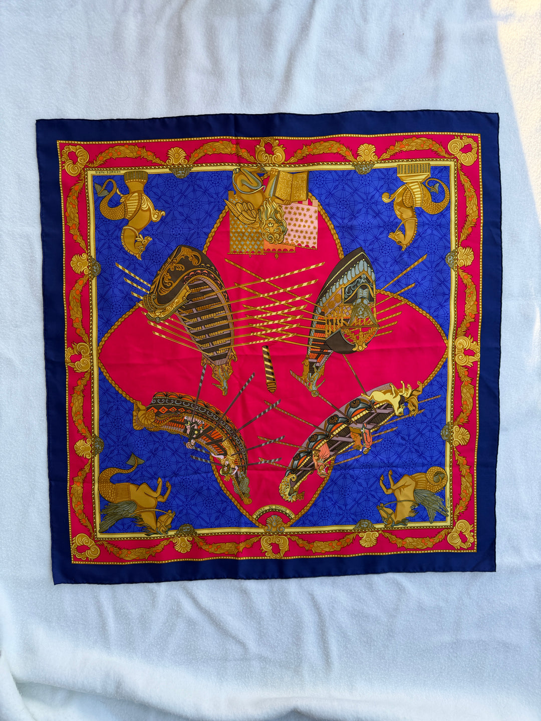 Vintage Hermès “Les Bissone de Venise” Blue Silk Scarf