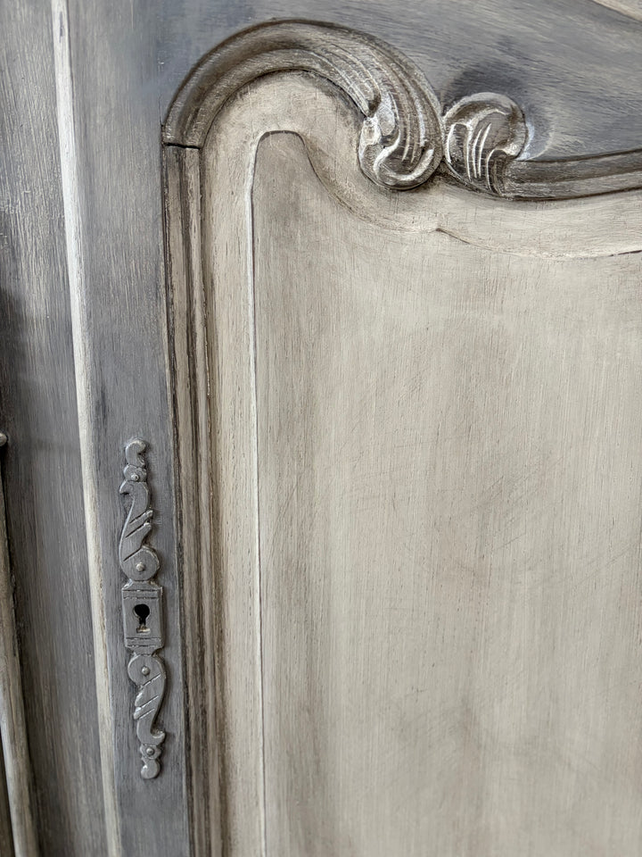 French Provincial Gray-Washed Wood Buffet with Hutch Top