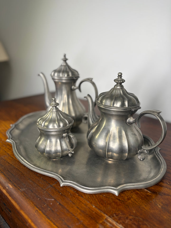 Pewter Tea Set on Tray (4 Pieces)