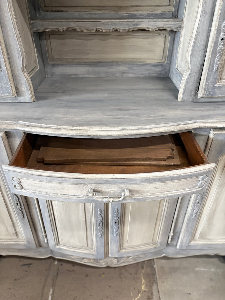 French Provincial Gray-Washed Wood Buffet with Hutch Top