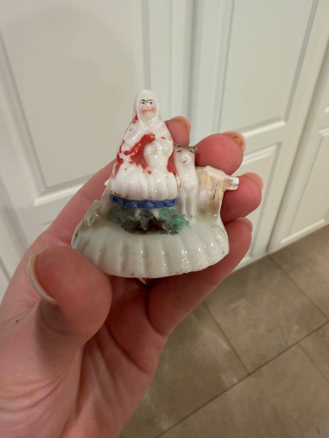 Miniature Porcelain Figural Trinket Box with Woman and Dog
