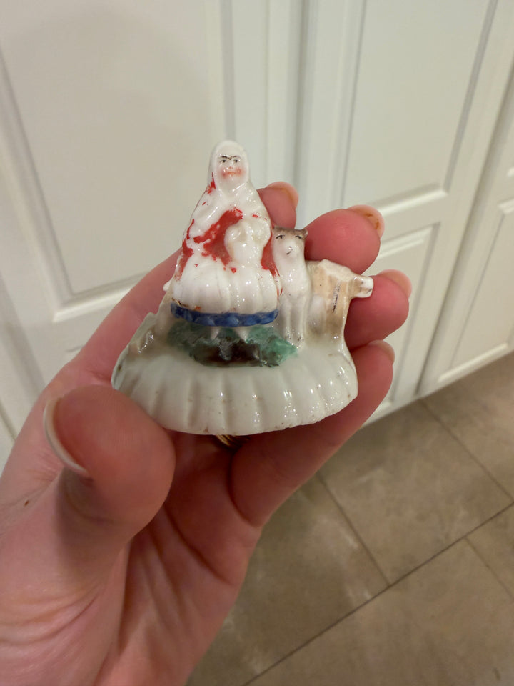 Miniature Porcelain Figural Trinket Box with Woman and Dog