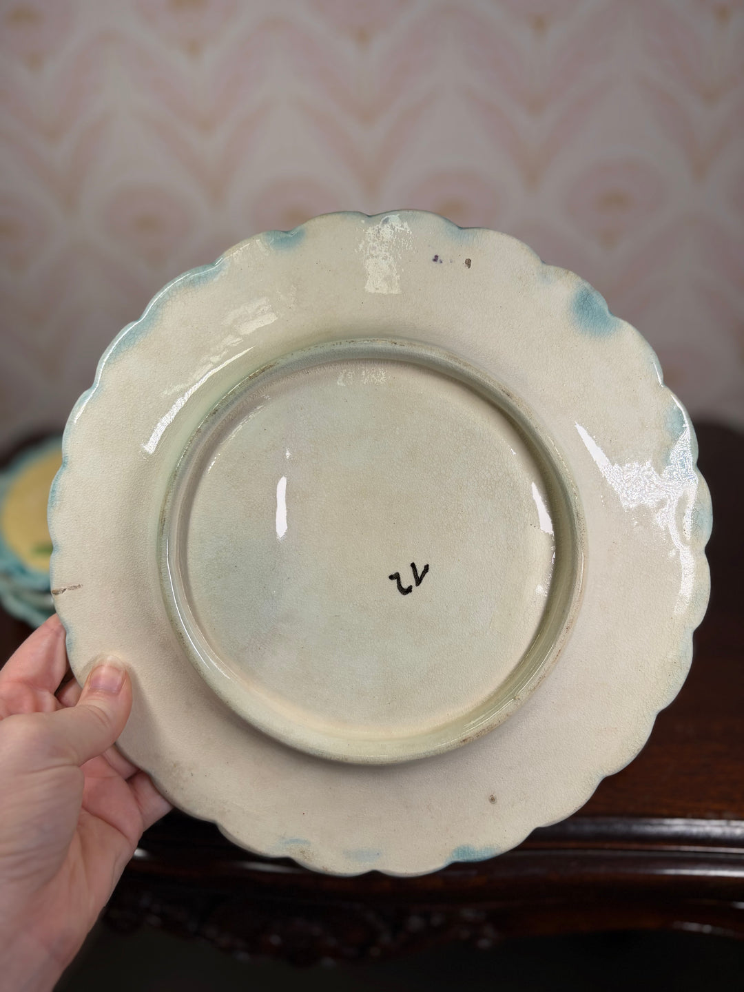 Set of Four Majolica Asparagus Plates with Sauce Well