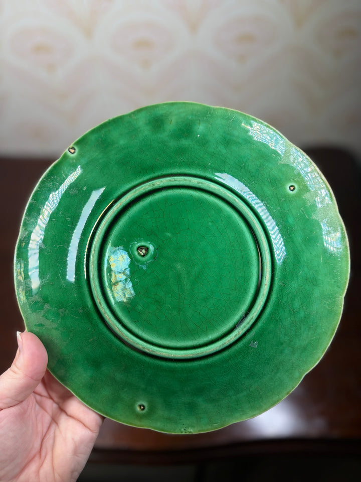 Pair of Green Majolica Leaf Pattern Plates