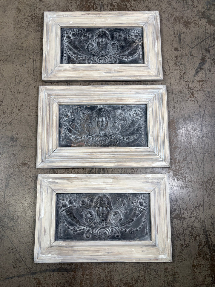 Set of Three Framed Embossed Metal Panels with Classical Face Motif