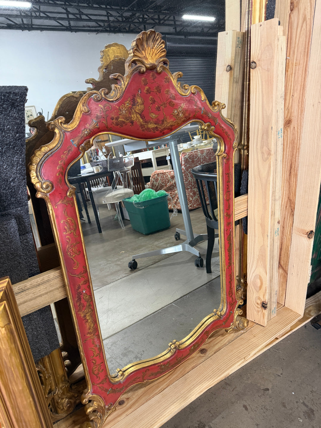 20th Century Hand Carved Gilt and Red Painted Mirror