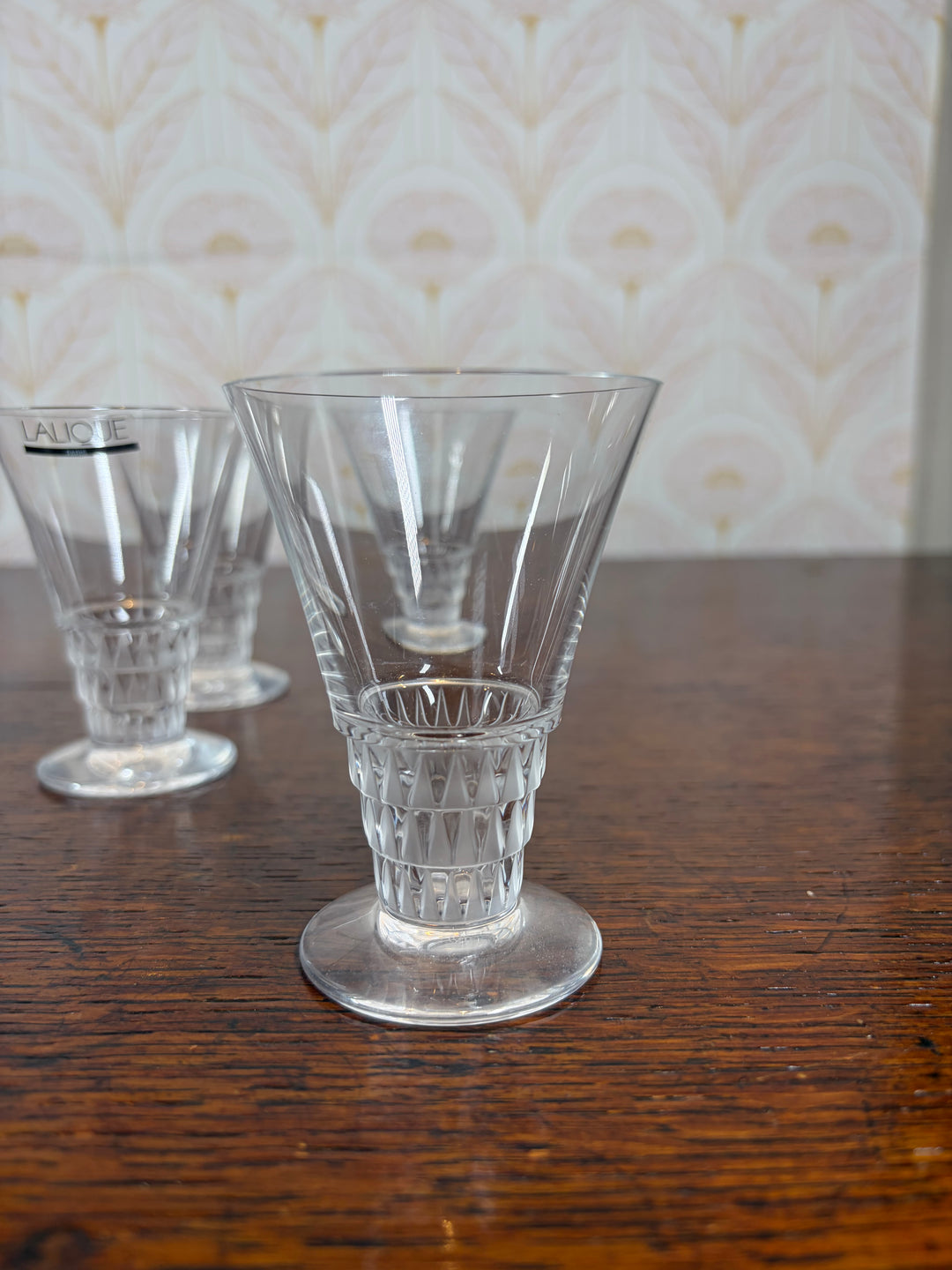 Lalique "Bourgueil" pattern crystal decanter and stopper and 4 Shot Glasses