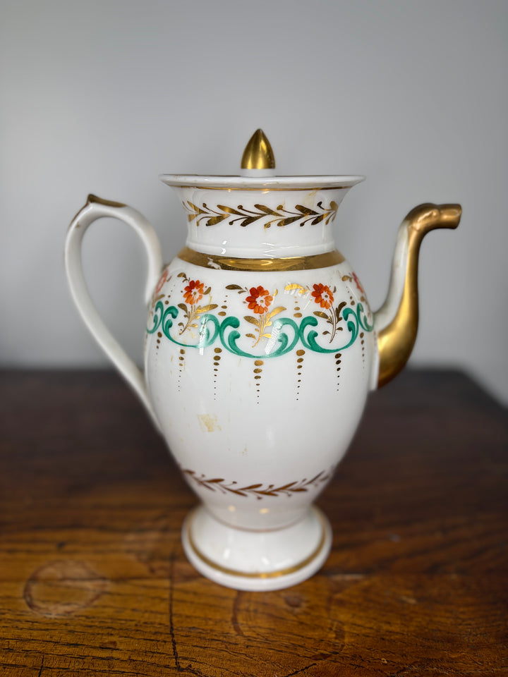 Antique Porcelain Tea/Coffee Service Set with Green Scrollwork & Gilt Decoration