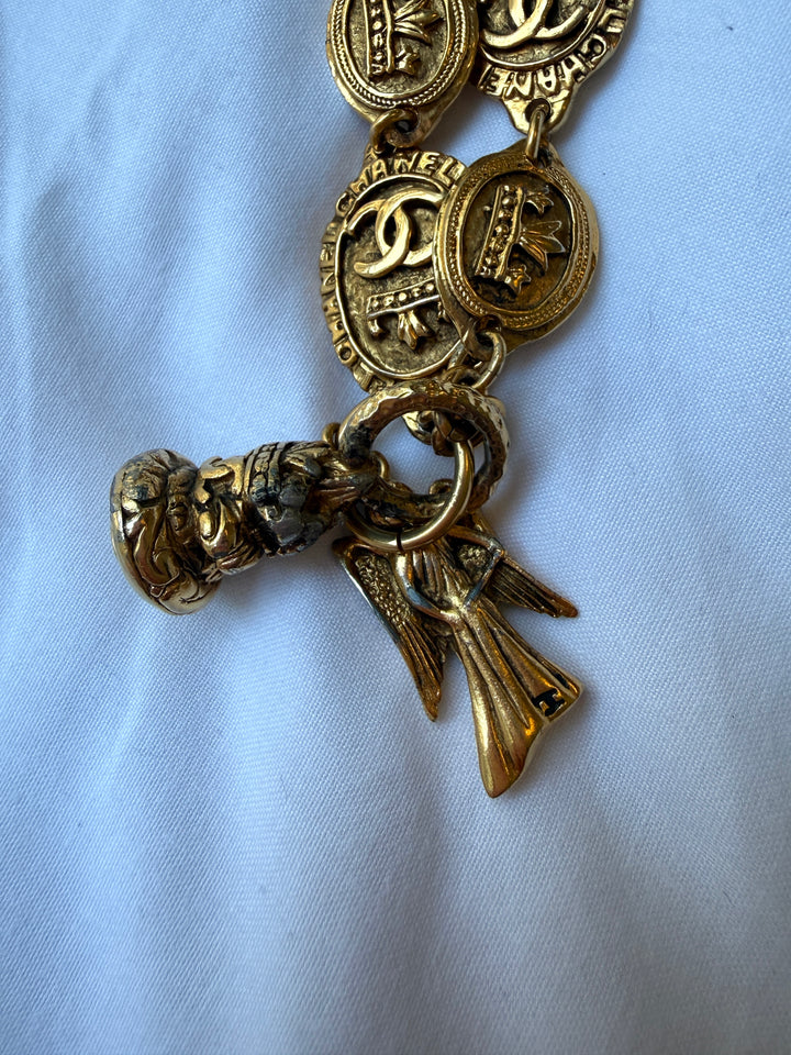 1990s Vintage CC Crown Chanel Bracelet with Angel and CC Charm - 24K Gold (Patina - Mainly on Charms)
