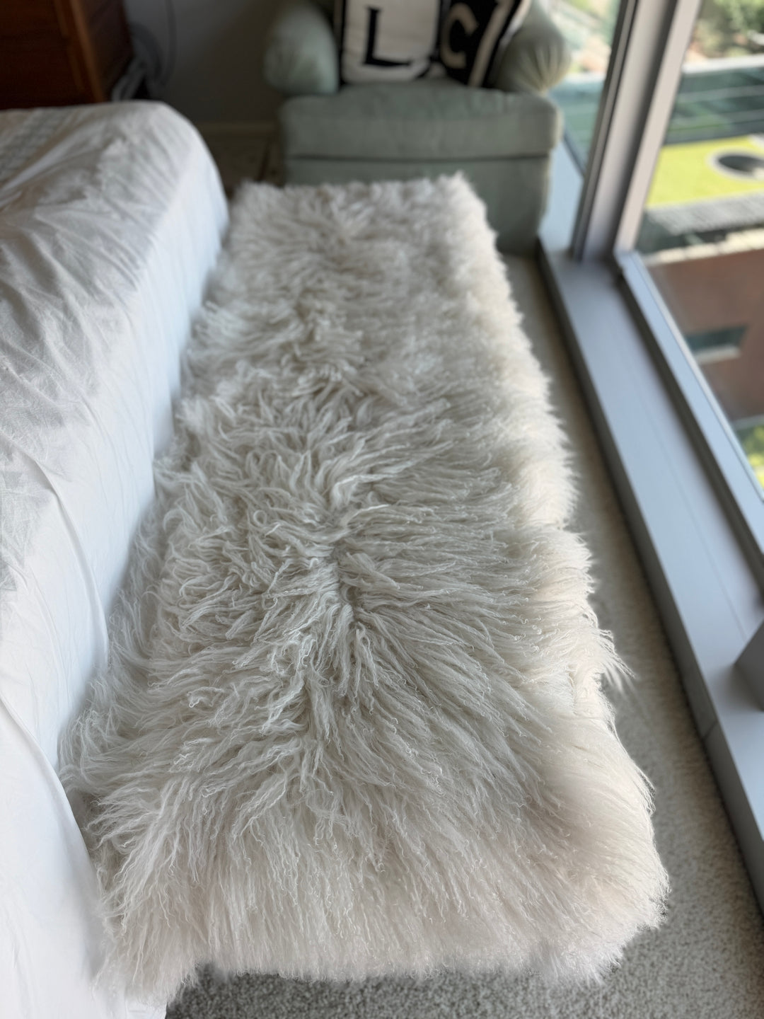 Mongolian Lamb Fur Bench with Lucite Legs
