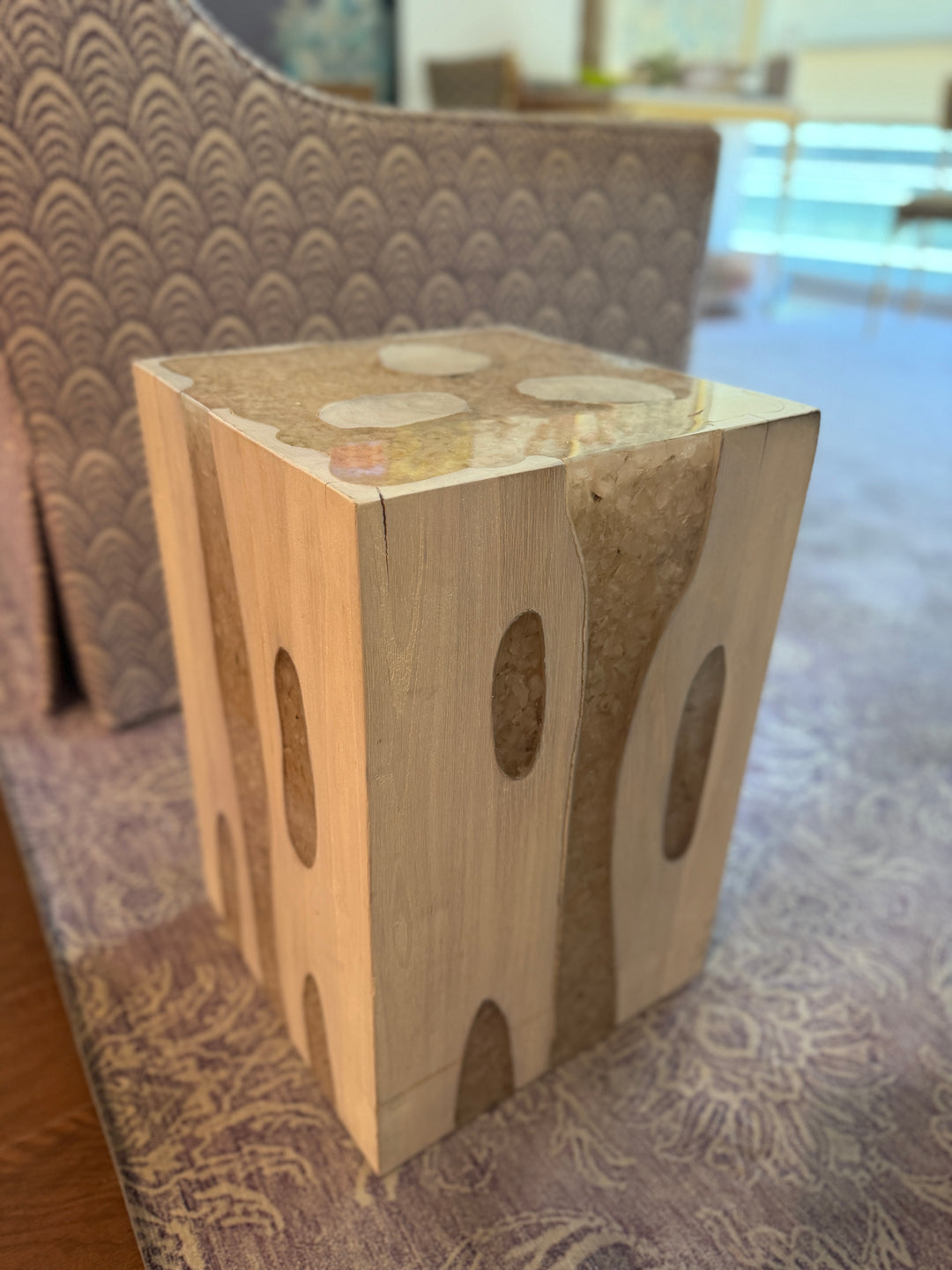 Whitewashed Wood Block Side Table or Pedestal with Oval Cutouts