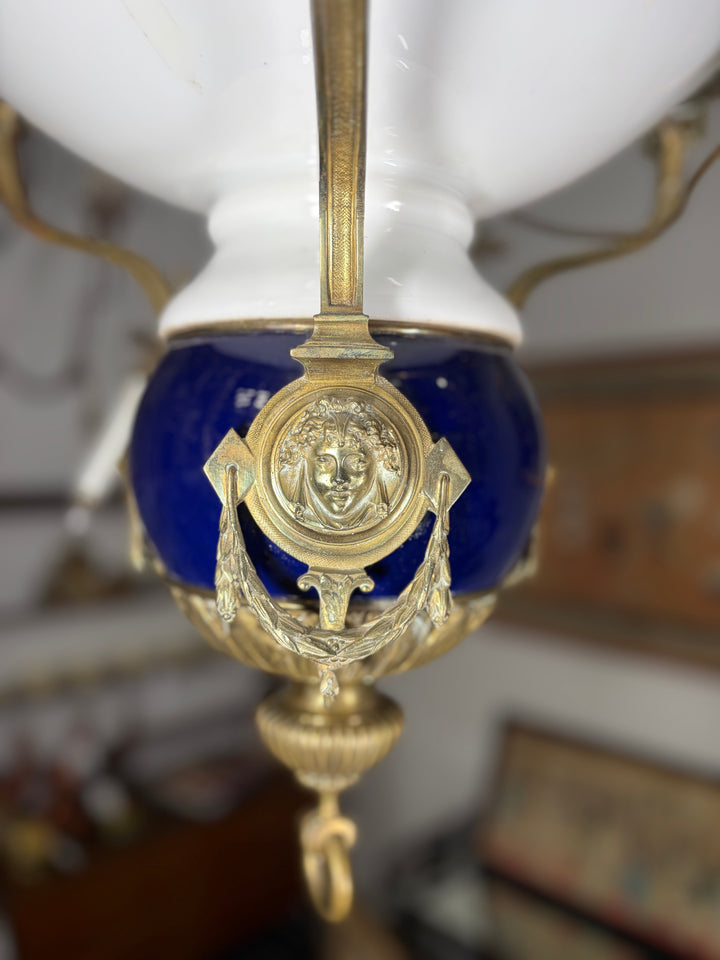 Neoclassical Brass and Cobalt Porcelain Chandelier with Opaline Glass Bowl