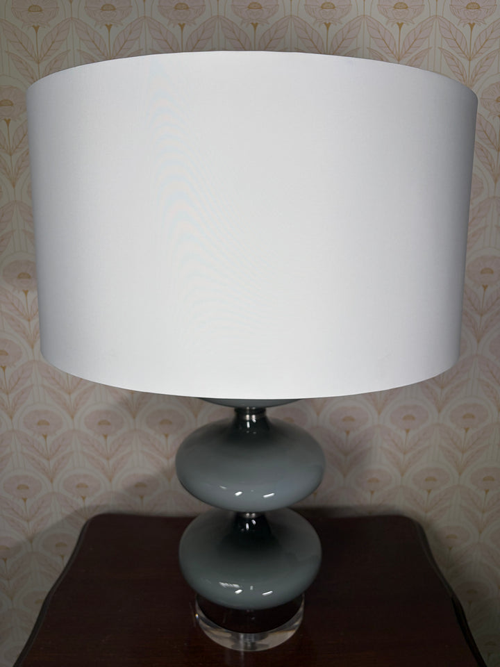 Three-Tier Gray Ceramic Table Lamp with White Drum Shade